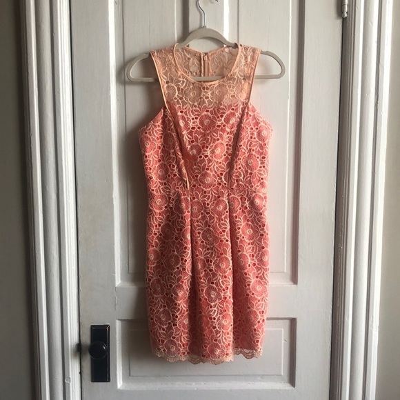 Jessica Simpson Peach Pink Floral Lace Halter Sheath Mini Cocktail Dress - Picture 1 of 8